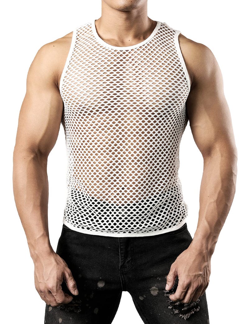 JOGAL Men's Mesh Fishnet Fitted Sleeveless Muscle Top Large WG01 White - Image 2